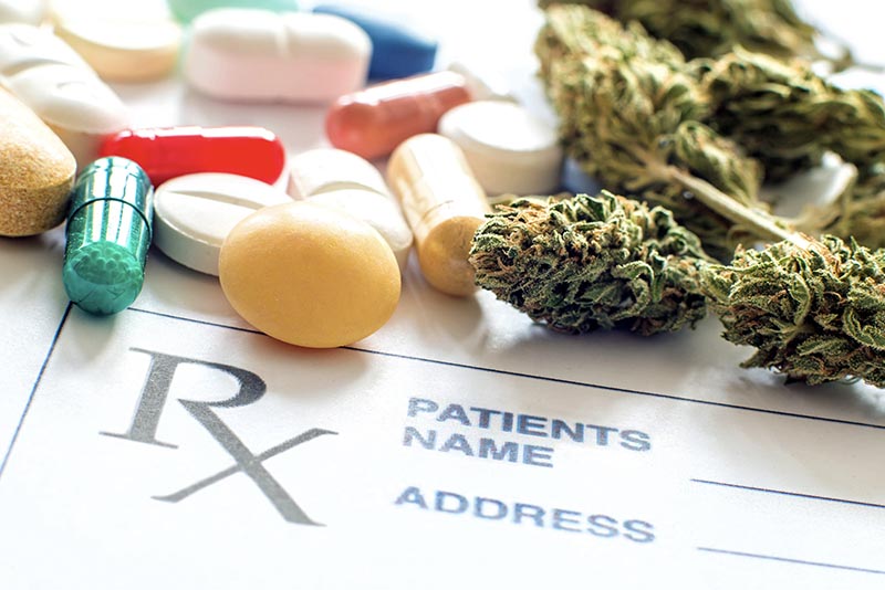 various pills and medical cannabis on prescription form